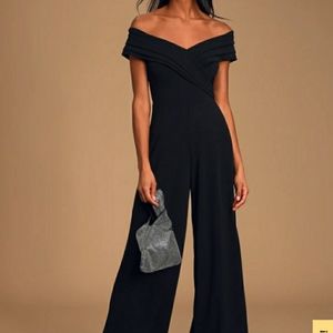 Lulus Off the Shoulde Black Pantsuit!
